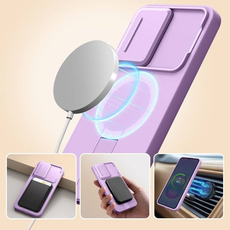 Magsafe Калъф с Капак за Камера и Стойка за Samsung A57, Tech-Protect Kevlar Aura Case, Лилав (4)
