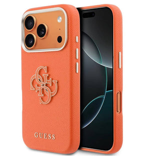 Кожен Калъф за iPhone 17 Pro Max, Guess PU Resin Logo Case, Оранжев