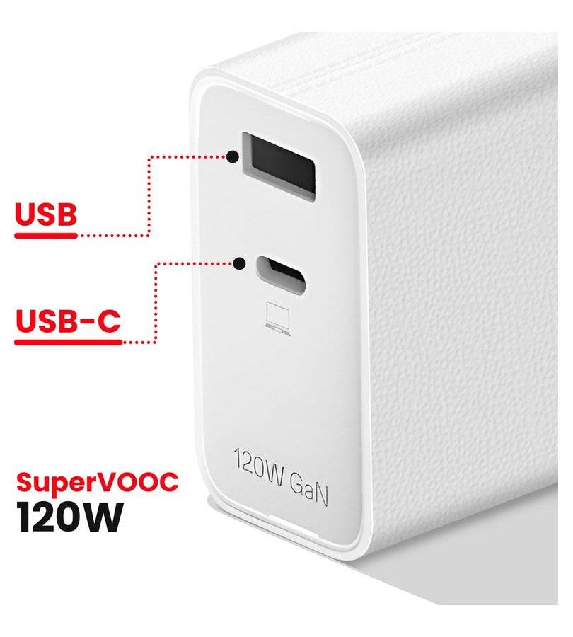 Оригинално Зарядно с Кабел, OnePlus SuperVooc 120W Dual Ports GaN Power Adapter Kit Charger, Бял (3)