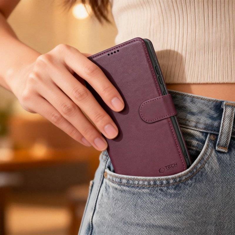 Кожен Калъф с Джобове за Samsung S26, Tech-Protect Wallet Book Case, Бордо (3)