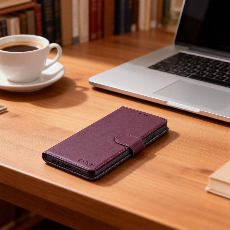 Кожен Калъф с Джобове за Samsung S26 Ultra, Tech-Protect Wallet Book Case, Бордо (4)
