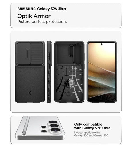Противоударен Калъф за Samsung S26 Ultra, Spigen Optik Armor Case, Черен (5)