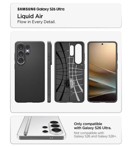 Противоударен Калъф за Samsung S26 Ultra, Spigen Liquid Air Matte Black Case, Черен (12)