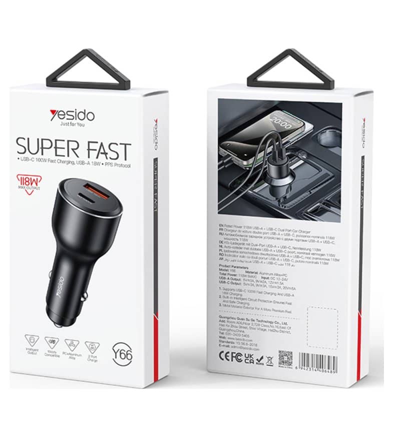 Зарядно за Кола USB-C/A, Yesido Y65 100W 5A PD/QC3.0, Черен (4)