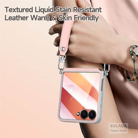 Луксозен Калъф с Каишка за Samsung Z Flip 7, Sulada Leather Case, Розов (3)