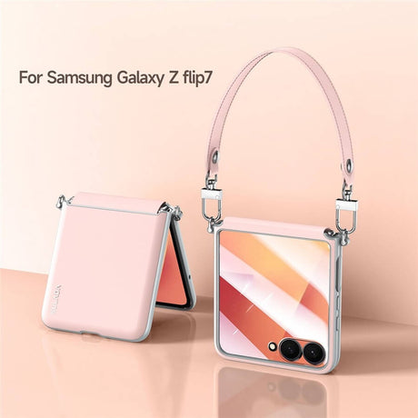 Луксозен Калъф с Каишка за Samsung Z Flip 7, Sulada Leather Case, Розов (4)