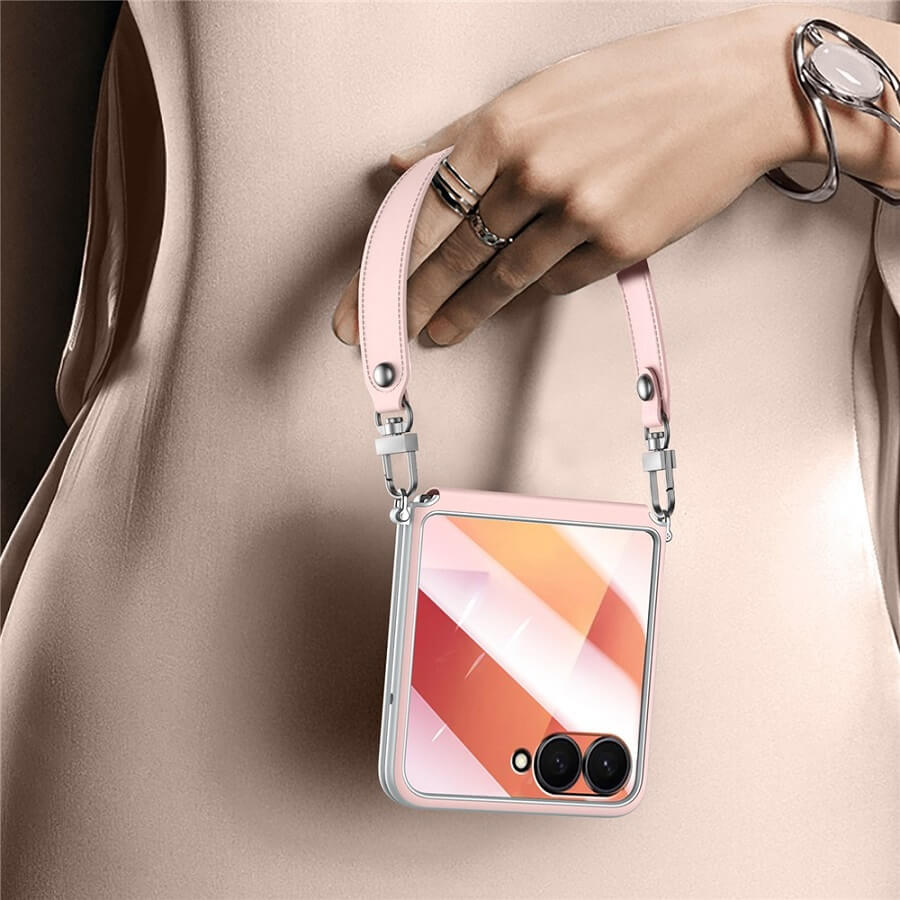 Луксозен Калъф с Каишка за Samsung Z Flip 7, Sulada Leather Case, Розов (8)