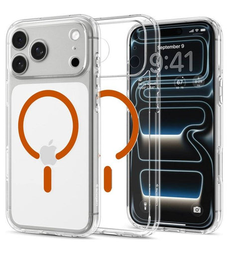 Magsafe Калъф за iPhone 18 Pro/ 17 Pro, Spigen Ultra Hybrid Mag Fit Case Clear/Orange, Прозрачен