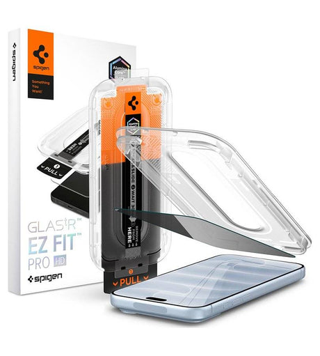 Затъмняващ Протектор за iPhone 18 Pro, Spigen Privacy Glas.tR EZ Fit Pro, Черен