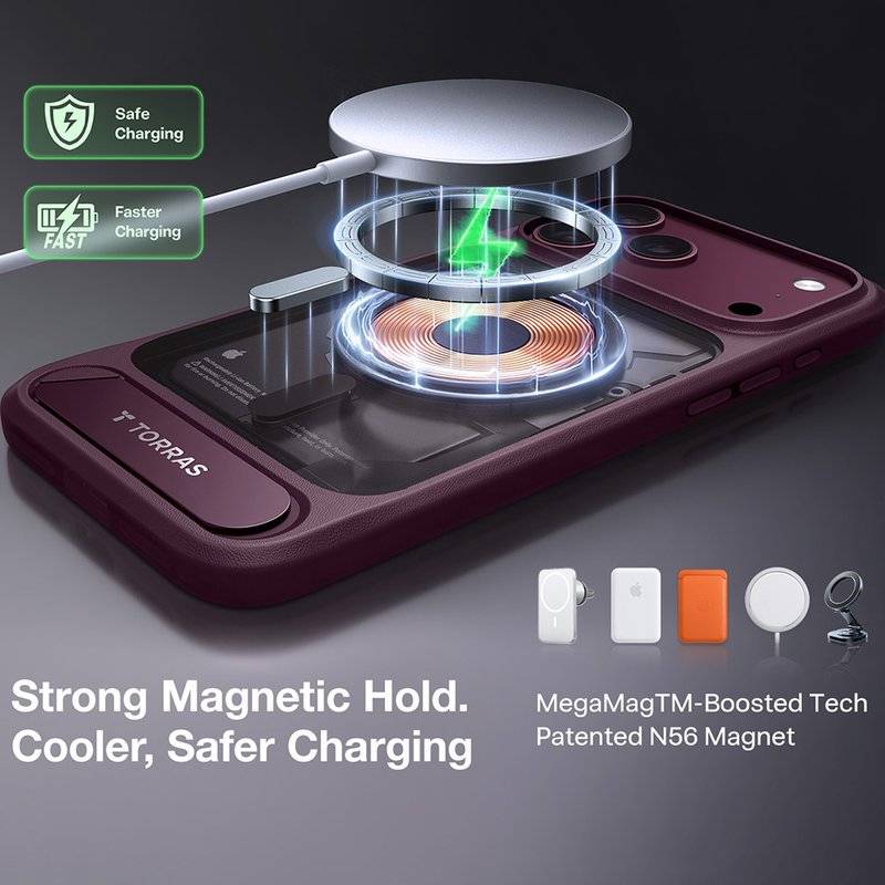 Magsafe Калъф за iPhone 17 Pro Max/ 18 Pro Max, Torras Ostand L1 Guardian Mag Case Burgundy, Бордо (8)