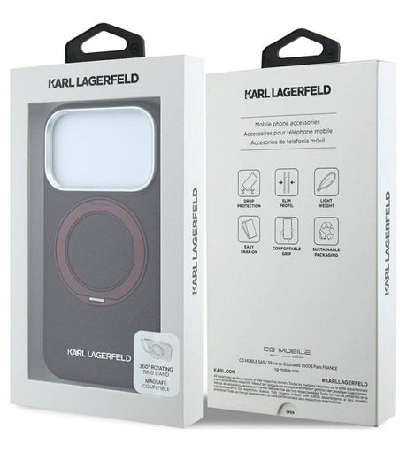 Magsafe Калъф за iPhone 18 Pro Max/ 17 Pro Max, Karl Lagerfeld Ring Stand 360 Saffiano Case Burgundy, Бордо (7)