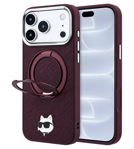 Magsafe Калъф за iPhone 18 Pro/ 17 Pro, Karl Lagerfeld Leather Ring Stand 360 C Pin Case Burgundy, Бордо