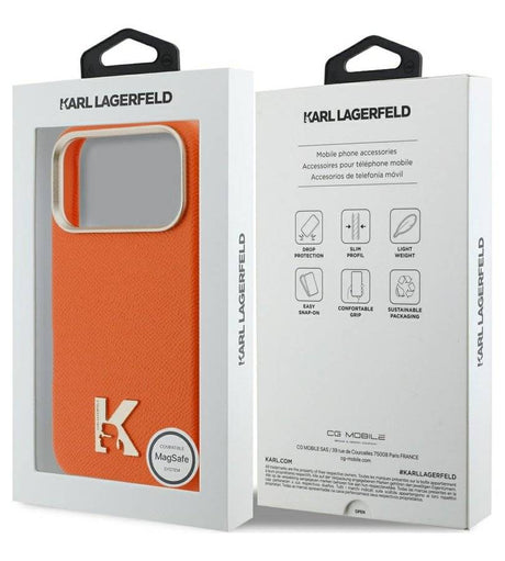 Magsafe Калъф за iPhone 18 Pro/ 17 Pro, Karl Lagerfeld Leather K Head Logo Case, Оранжев (7)