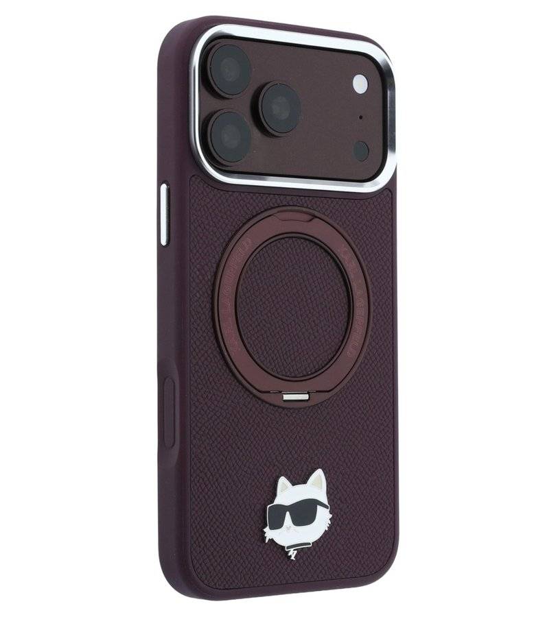 Magsafe Калъф за iPhone 18 Pro/ 17 Pro, Karl Lagerfeld Leather Ring Stand 360 C Pin Case Burgundy, Бордо (3)