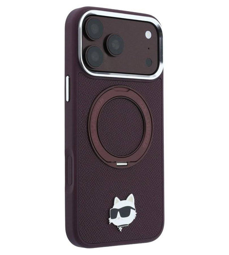 Magsafe Калъф за iPhone 18 Pro/ 17 Pro, Karl Lagerfeld Leather Ring Stand 360 C Pin Case Burgundy, Бордо (3)