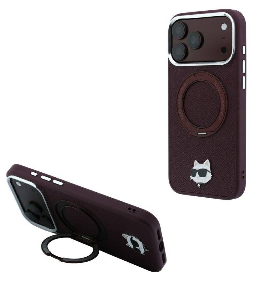 Magsafe Калъф за iPhone 18 Pro/ 17 Pro, Karl Lagerfeld Leather Ring Stand 360 C Pin Case Burgundy, Бордо (2)
