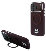 Magsafe Калъф за iPhone 18 Pro/ 17 Pro, Karl Lagerfeld Leather Ring Stand 360 C Pin Case Burgundy, Бордо (2)