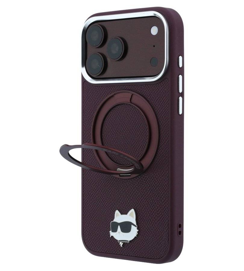 Magsafe Калъф за iPhone 18 Pro/ 17 Pro, Karl Lagerfeld Leather Ring Stand 360 C Pin Case Burgundy, Бордо (5)