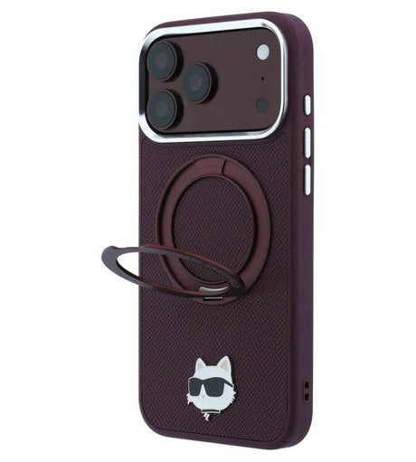 Magsafe Калъф за iPhone 18 Pro/ 17 Pro, Karl Lagerfeld Leather Ring Stand 360 C Pin Case Burgundy, Бордо (5)