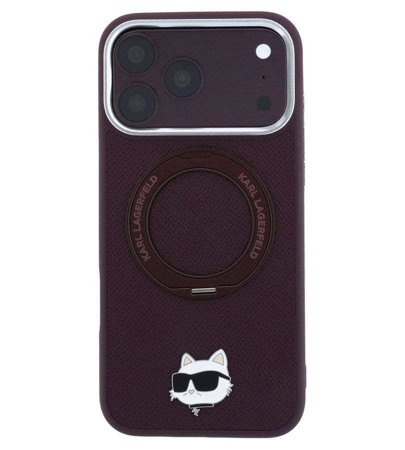 Magsafe Калъф за iPhone 18 Pro/ 17 Pro, Karl Lagerfeld Leather Ring Stand 360 C Pin Case Burgundy, Бордо (4)