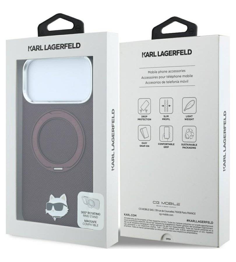 Magsafe Калъф за iPhone 18 Pro/ 17 Pro, Karl Lagerfeld Leather Ring Stand 360 C Pin Case Burgundy, Бордо (7)