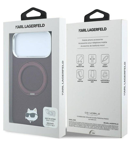 Magsafe Калъф за iPhone 18 Pro/ 17 Pro, Karl Lagerfeld Leather Ring Stand 360 C Pin Case Burgundy, Бордо (7)