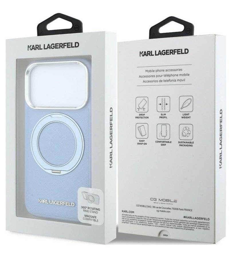 Magsafe Калъф за iPhone 18 Pro Max/ 17 Pro Max, Karl lagerfeld Ring Stand 360 Leather Case, Син (7)