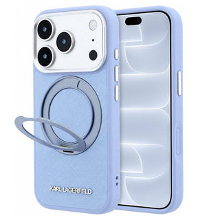 Magsafe Калъф за iPhone 18 Pro/ 17 Pro, Karl Lagerfeld Ring Stand 360 Leather Case, Син