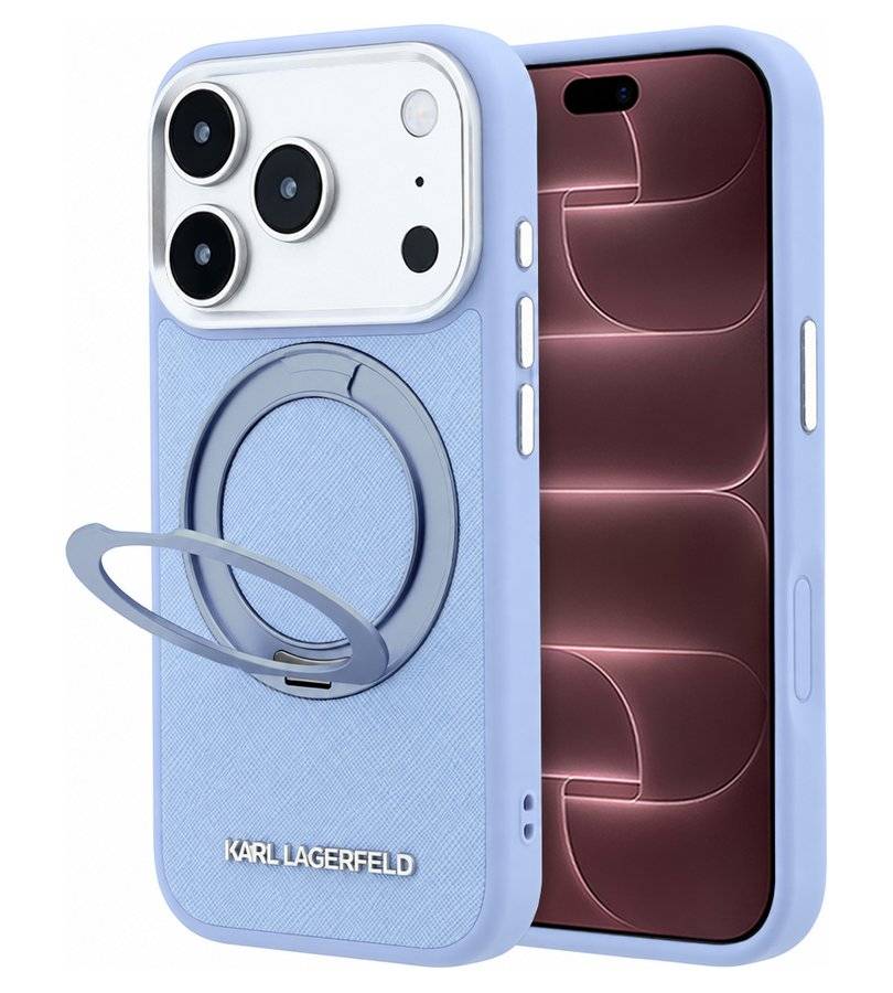 Magsafe Калъф за iPhone 18 Pro Max/ 17 Pro Max, Karl lagerfeld Ring Stand 360 Leather Case, Син