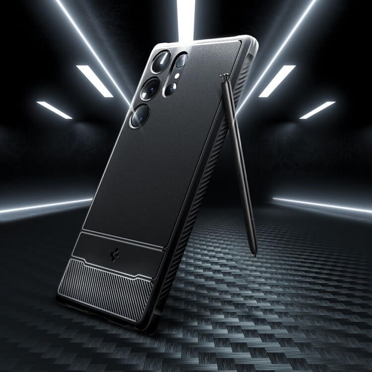 Противоударен Силиконов Калъф за Samsung S23 Ultra, Spigen Rugged Armor Case, Черен (7)