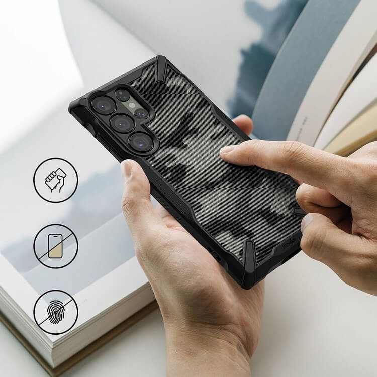 Противоударен Хибриден Калъф за Samsung S23 Ultra, Ringke Fusion X Camouflage Case, Черен (6)