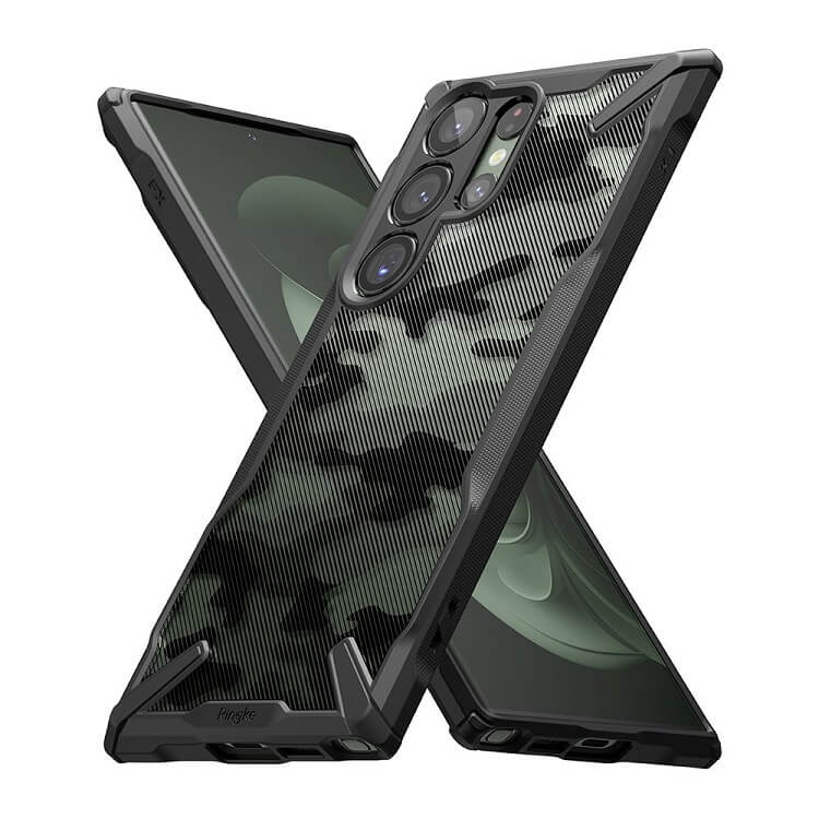 Противоударен Хибриден Калъф за Samsung S23 Ultra, Ringke Fusion X Camouflage Case, Черен (3)