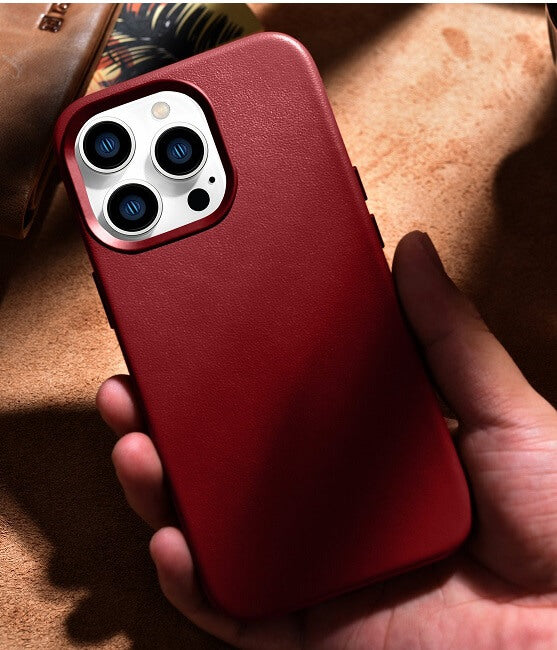 Magsafe Калъф от Естествена Кожа за iPhone 14 Pro, iCarer Leather Case, Червен (7)