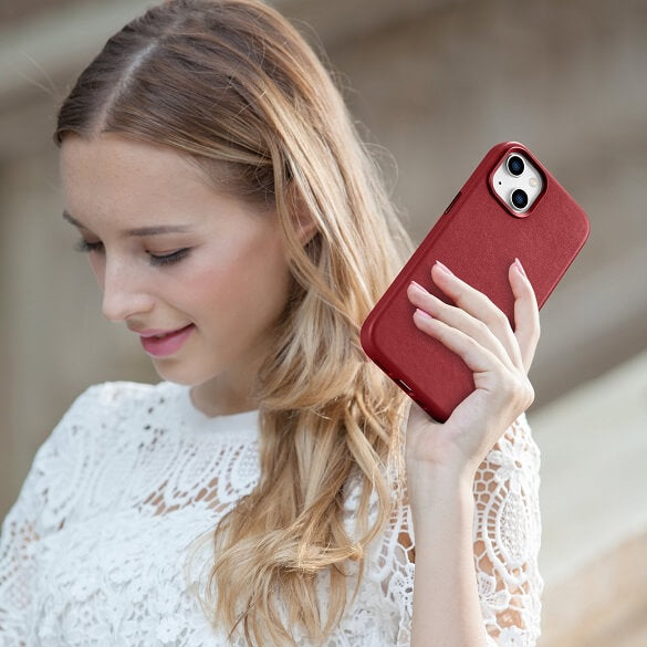 Magsafe Калъф от Естествена Кожа за iPhone 14, iCarer Leather Case, Червен (7)