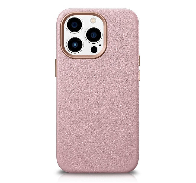 Magsafe Калъф от Естествена Кожа за iPhone 14 Pro Max, iCarer Leather Case, Розов