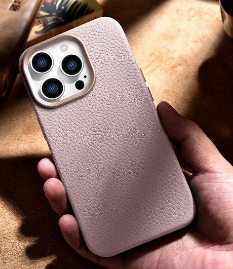 Magsafe Калъф от Естествена Кожа за iPhone 14 Pro Max, iCarer Leather Case, Розов (4)