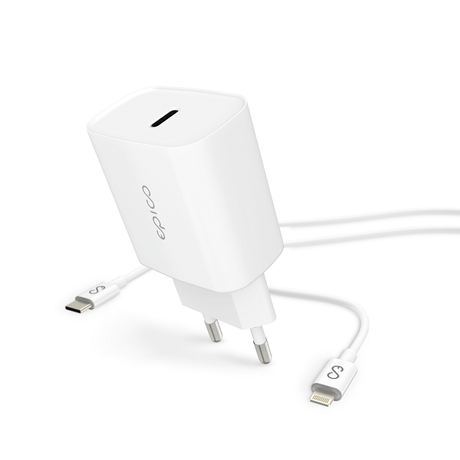 Бързо Зарядно с USB-C Кабел за iPhone, Epico Bundle 220v PD3.0 20W, Бял (2)