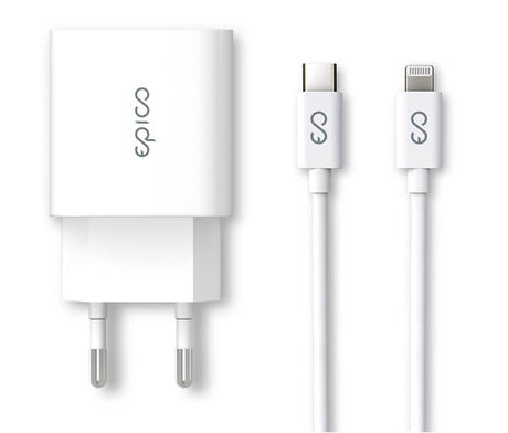 Бързо Зарядно с USB-C Кабел за iPhone, Epico Bundle 220v PD3.0 20W, Бял