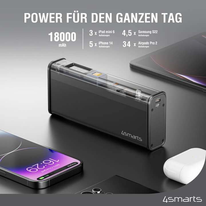 Външна Батерия за iPhone, 4Smarts Lucid Block 22.5W PD/QC3.0 18000 mAh, Черна (5)