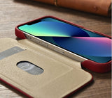 Magsafe Калъф от Естествена Кожа за iPhone 14 Pro, iCarer CE Wax Book Leather Case, Червен (7)