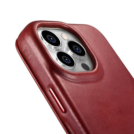 Magsafe Калъф от Естествена Кожа за iPhone 14 Pro, iCarer CE Wax Book Leather Case, Червен (4)
