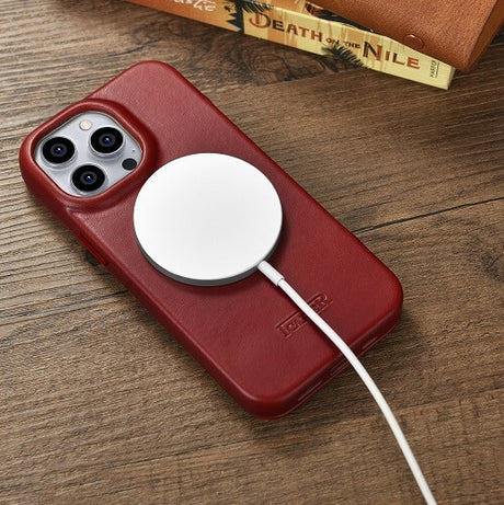 Magsafe Калъф от Естествена Кожа за iPhone 14 Pro, iCarer CE Wax Book Leather Case, Червен (6)