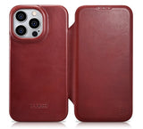 Magsafe Калъф от Естествена Кожа за iPhone 14 Pro Max, iCarer CE Wax Book Leather Case, Червен