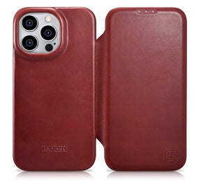 Magsafe Калъф от Естествена Кожа за iPhone 14 Pro Max, iCarer CE Wax Book Leather Case, Червен