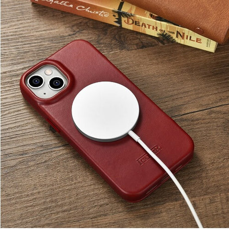 Magsafe Калъф от Естествена Кожа за iPhone 14, iCarer CE Wax Book Leather Case, Червен (6)