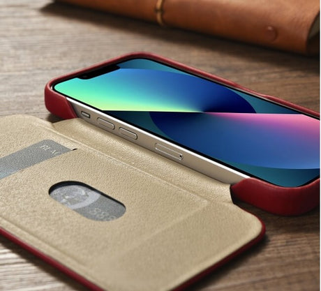 Magsafe Калъф от Естествена Кожа за iPhone 14, iCarer CE Wax Book Leather Case, Червен (5)