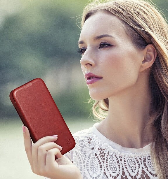 Magsafe Калъф от Естествена Кожа за iPhone 14, iCarer CE Wax Book Leather Case, Червен (8)