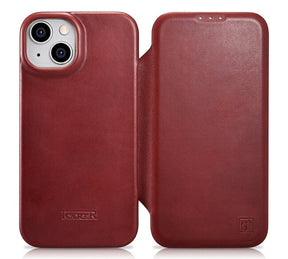 Magsafe Калъф от Естествена Кожа за iPhone 14, iCarer CE Wax Book Leather Case, Червен
