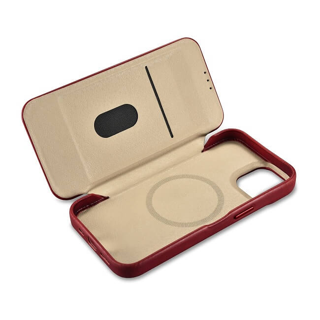 Magsafe Калъф от Естествена Кожа за iPhone 14, iCarer CE Wax Book Leather Case, Червен (4)