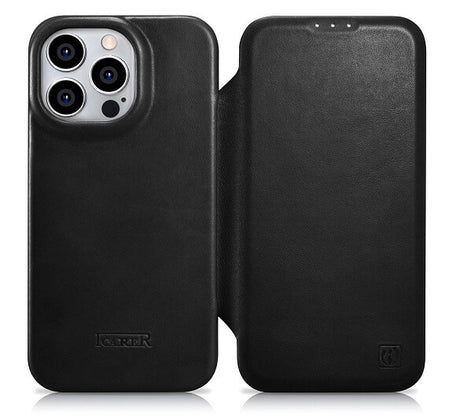 Magsafe Калъф от Естествена Кожа за iPhone 14 Pro, iCarer CE Wax Book Leather Case, Черен